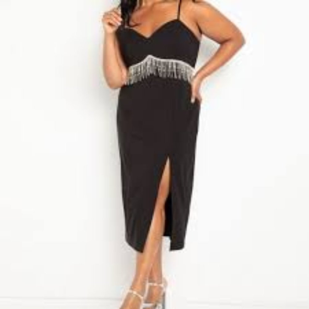 Eloquii Collectors Edition Black Midi with Rhinestone Fringe - US 28W NWOT